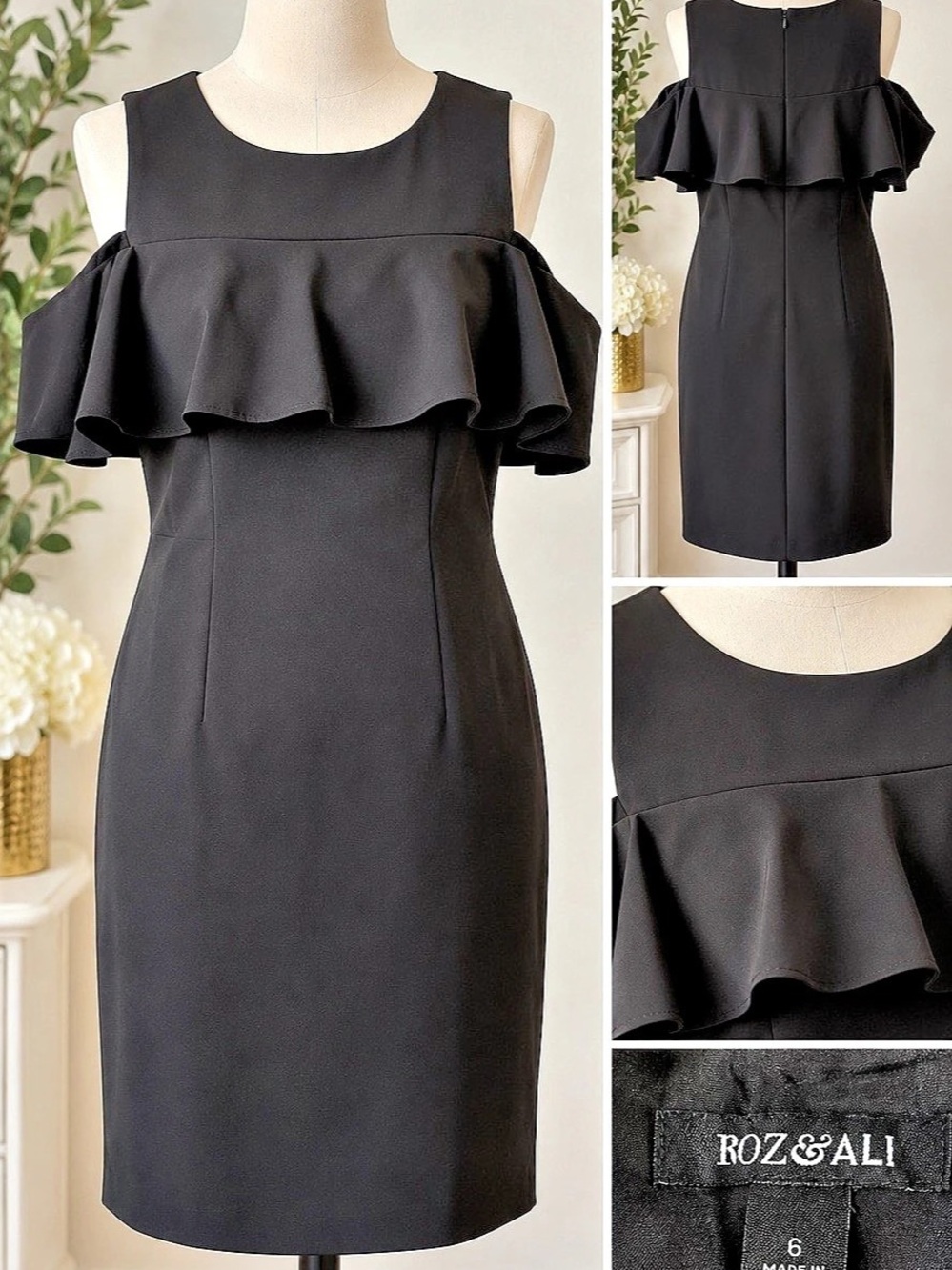 ROZ & ALI Black Ruffle Mini Dress Size 6 Like New